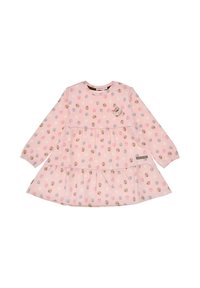 Langärmliges pinkes Kleid mit braunen, grauen und cremefarbenen Pünktchen. Mit gestuften Rüschen und einem kleinen dekorativen Patch auf der Brust.