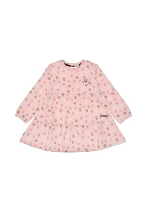 Langärmliges pinkes Kleid mit braunen, grauen und cremefarbenen Pünktchen. Mit gestuften Rüschen und einem kleinen dekorativen Patch auf der Brust.