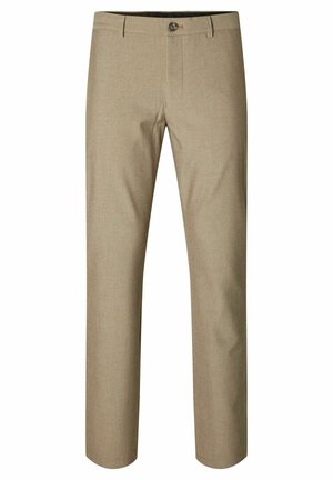 Pantaloni beige su misura realizzati in tessuto strutturato, con una vestibilità slim, parte anteriore piatta e chiusura con un solo bottone.