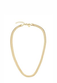 Collana in metallo color oro con design piatto a spina di pesce e chiusura a moschettone, dotata di una catena di estensione regolabile.