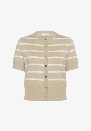 Beige Kurzarm-Cardigan mit weißen horizontalen Streifen, Rundhalsausschnitt, durchgehender Knopfverschluss und metallischen Knöpfen. Weiche Stricktextur.