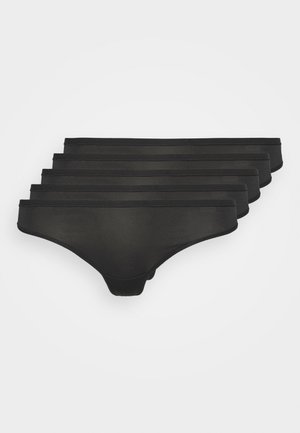 Cinq culottes bikini noires pour femmes, soigneusement empilées en ligne horizontale sur un fond blanc.