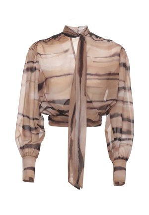 Blusa trasparente a maniche lunghe a righe beige e marroni con collo alto, maniche a palloncino, polsini aderenti e dettaglio lungo annodato sul davanti.