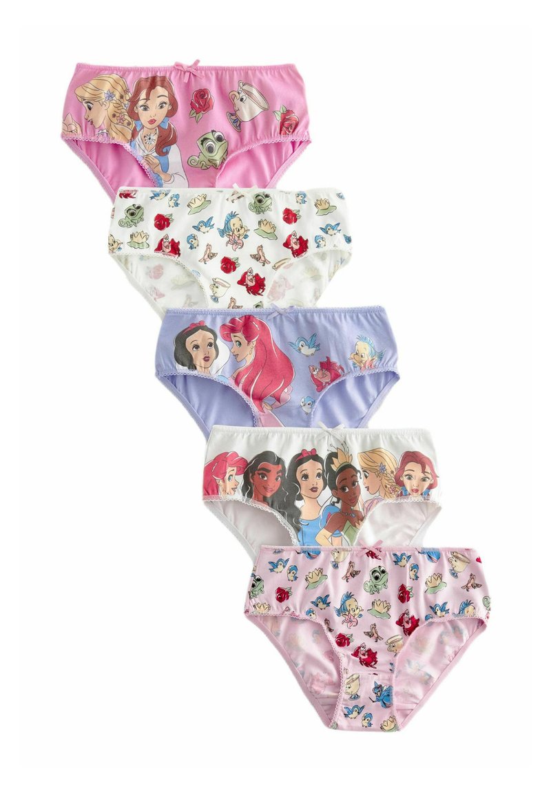 Cinque paia di mutandine da ragazza in vari colori, con stampe di personaggi dei cartoni animati, tra cui tessuti rosa, bianchi e viola chiaro.