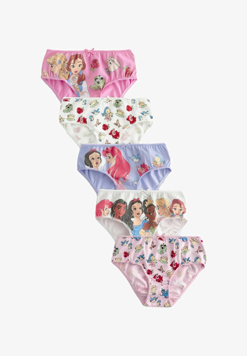 Cinque paia di mutandine da ragazza in vari colori, con stampe di personaggi dei cartoni animati, tra cui tessuti rosa, bianchi e viola chiaro.