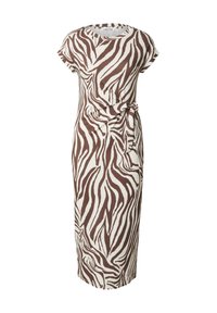 Braun-weißes Zebra-Muster-Kleid, knielang, mit kurzen Ärmeln, mit Bindung in der Taille, aus einem glatten, leichten Stoff gefertigt.