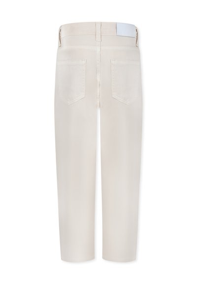 Pantalons cropped en coton beige avec deux poches arrière et une texture lisse. Présente une taille classique avec une étiquette blanche à l'arrière.
