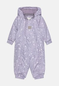 Purple patterned snowsuit featuring a hood, elastic cuffs, and soft texture. Accented with white leaf and animal designs throughout.