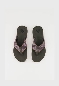 Black flip-flops with patterned straps in purple and pink geometric design. Thick soles with logo printed on footbed. Textured straps.