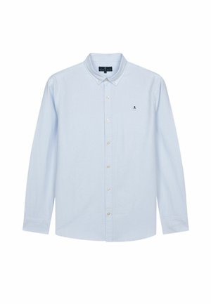 Camicia azzurra chiara a maniche lunghe con un sottile motivo a righe, colletto button-down e piccolo logo nero sul petto.