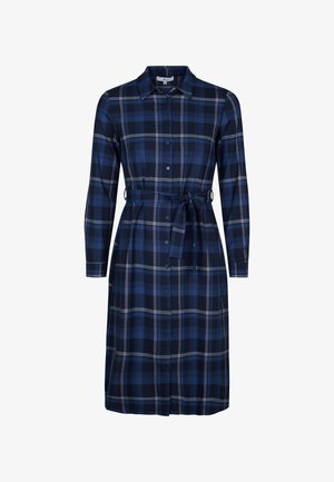 Marineblauwe geruite jurk met een kraag, knoopsluiting aan de voorkant, lange mouwen en een bijpassende riem. Zachte stof met een gladde textuur en een licht patroon.