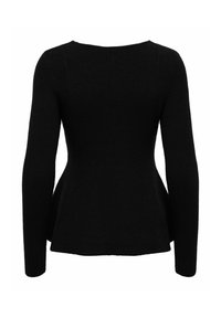 Melnas garām piedurknēm ribota adīta džemperis ar pieguļošu jostasvietu un izplestu apakšmalu redzams no aizmugures.