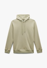 Jasnozielona bluza z kapturem z miękkiego materiału, z regulowanym kapturem, ściągaczami przy mankietach oraz prostym, nieozdobionym wzorem.