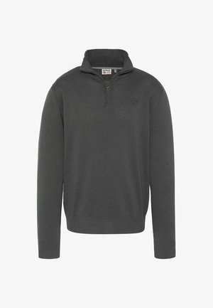 Szary sweter na zamek, z wysokim kołnierzem, ściągaczami na rękawach i u dołu, wykonany z tkaniny o fakturze. Na piersi znajduje się małe logo.