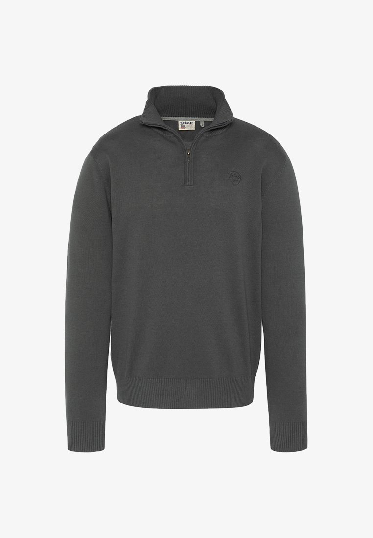 Szary sweter na zamek, z wysokim kołnierzem, ściągaczami na rękawach i u dołu, wykonany z tkaniny o fakturze. Na piersi znajduje się małe logo.