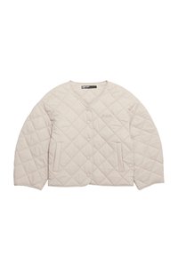 Quilted beige jacket with a round neckline, front button closure, and two side pockets. Features subtle texture and minimal stitching details.