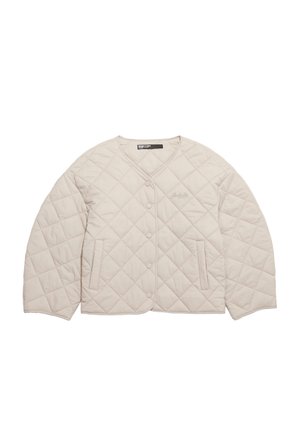 Quilted beige jacket with a round neckline, front button closure, and two side pockets. Features subtle texture and minimal stitching details.