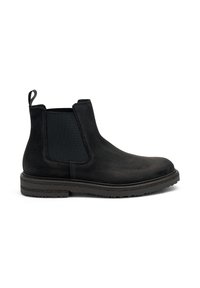 Stivale Chelsea nero in materiale scamosciato, con pannelli laterali elasticizzati, linguetta di aiuto e suola robusta. Presenta una superficie liscia e un design a punta arrotondata.