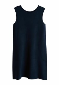 Rochie neagră fără mâneci, până la genunchi, cu decolteu rotund, afișată întinsă pe un fundal alb.