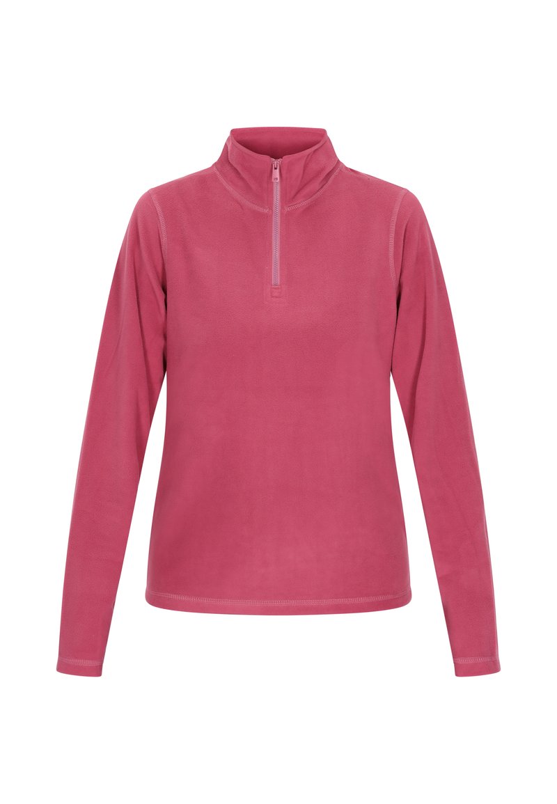 Fleece pullover in een levendige roze kleur, met een ritskraag, lange mouwen en een gladde textuur met nette stikdetails.