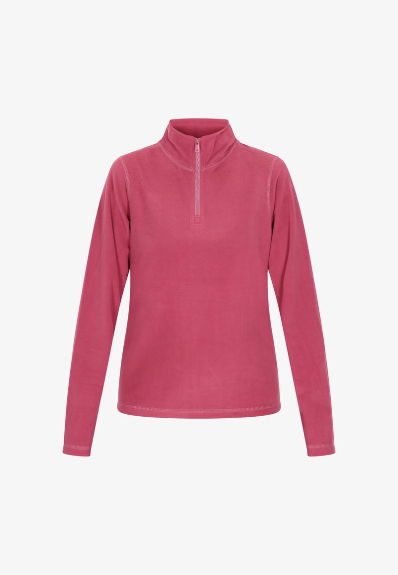 Fleece pullover in een levendige roze kleur, met een ritskraag, lange mouwen en een gladde textuur met nette stikdetails.