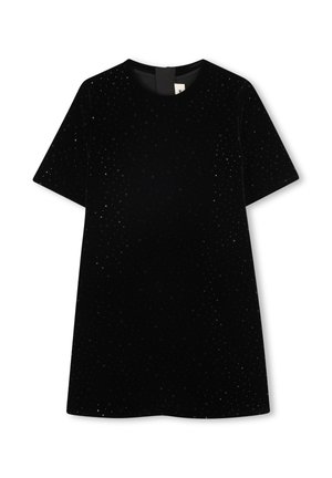 Robe en velours noire à manches courtes avec un col rond, ornée de petits points brillants subtilement dispersés sur le tissu.