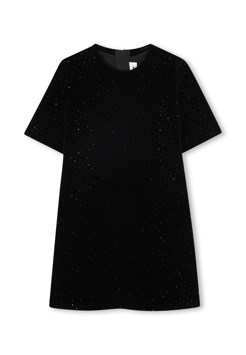 Robe en velours noire à manches courtes avec un col rond, ornée de petits points brillants subtilement dispersés sur le tissu.