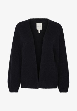 Tmavomodrý cardigan vyrobený z mäkkého, nadýchaného materiálu. Otvorený predný dizajn s dlhými, zužujúcimi sa rukávmi, rebrovaným lemom a bez zapínania.