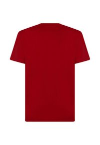 T-shirt in cotone rosso con scollatura a girocollo e maniche corte, dalla superficie liscia e priva di motivi o decorazioni. Solo vista posteriore.