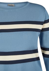 Blauer Pullover mit horizontalen Streifen in Marineblau und Creme. Verfügt über einen runden Halsausschnitt und eine gerippte Textur. Hergestellt aus einem weichen Strickmaterial.