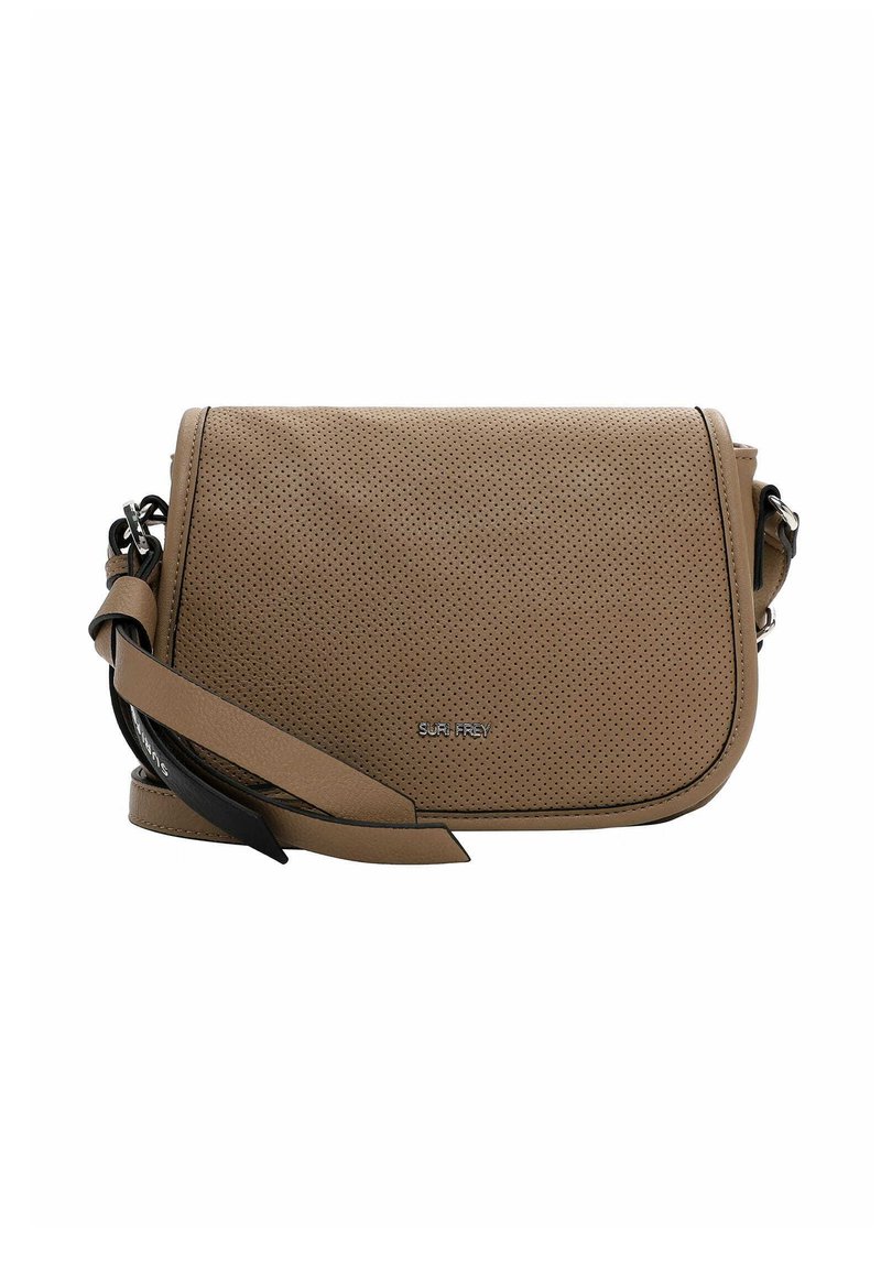 Borsa a tracolla in pelle perforata color sabbia con chiusura a pattina, tracolla regolabile e un elegante dettaglio di branding sulla parte anteriore.