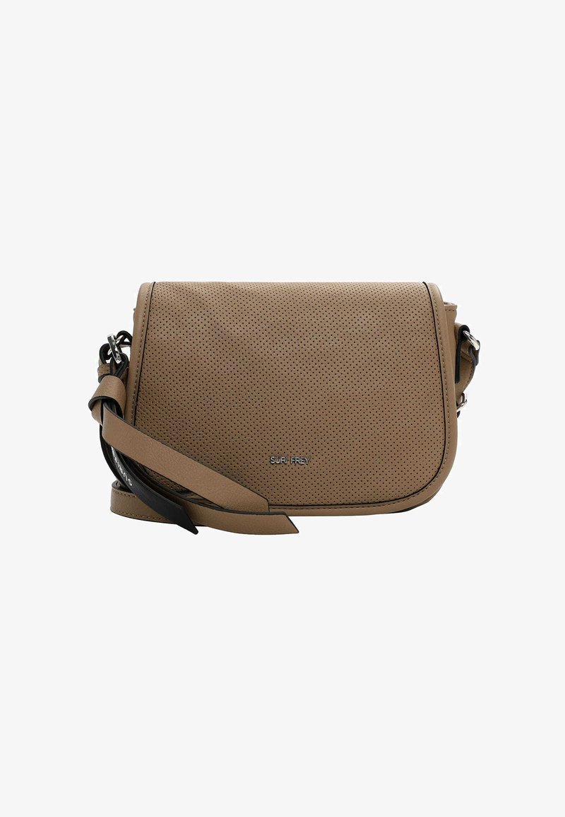 Borsa a tracolla in pelle perforata color sabbia con chiusura a pattina, tracolla regolabile e un elegante dettaglio di branding sulla parte anteriore.