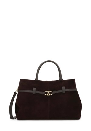 Dark brown suede handbag with a structured shape, featuring leather handles and a gold accent buckle on a matching leather strap.