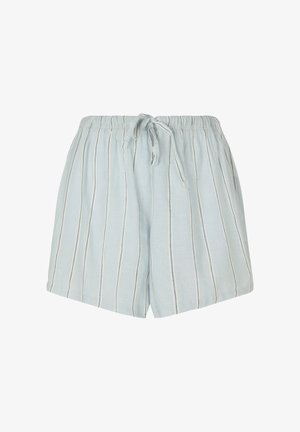Lyseblå bomuldsshorts med tynde lodrette hvide og grå striber, elastisk talje og snøre foran.