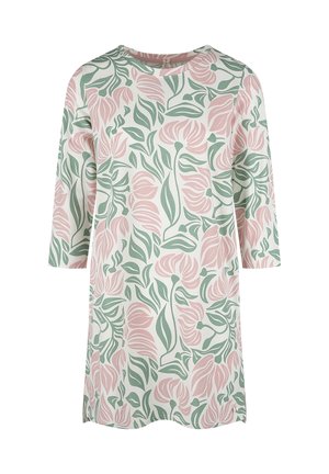 Jurk met driekwart mouwen, voorzien van een algeheel roze bloemen- en groene bladerenpatroon op een witte achtergrond.