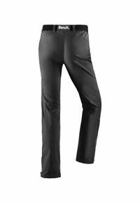 Pantalon noir en tissu lisse, avec une taille haute arborant le logo "Bench." Le design est droit sans embellissements visibles.