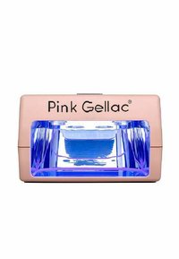 Roze Gellac UV-lamp met een rechthoekige vorm, roze plastic behuizing en een transparante venster die een blauwe binnenkant toont, ontworpen voor het uitharden van nagels.