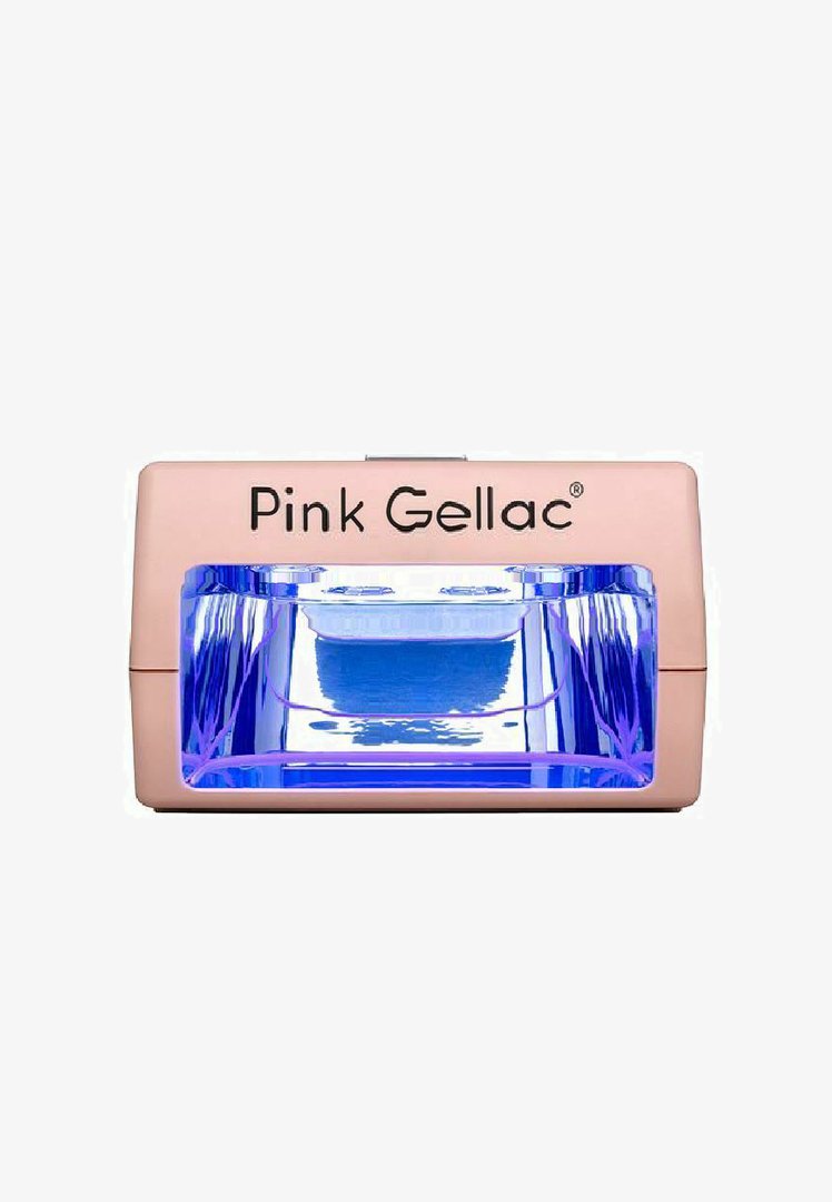 Roze Gellac UV-lamp met een rechthoekige vorm, roze plastic behuizing en een transparante venster die een blauwe binnenkant toont, ontworpen voor het uitharden van nagels.
