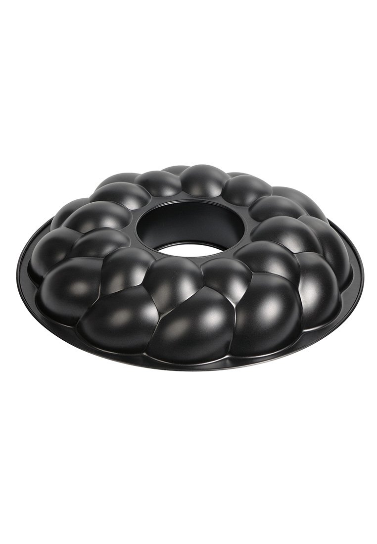 Czarna silikonowa forma do ciasta bundt z zaokrągloną, teksturowaną powierzchnią, zawierająca bulwiaste kształty, centralny otwór oraz gładkie, błyszczące wykończenie.