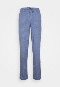 Pantalones de pijama azul con un diseño de diamantes en blanco, con una cintura elástica ajustable y confeccionados en una tela suave y ligera.