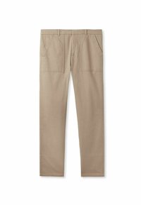 Beige Baumwollhosen mit geradem Bein, ausgestattet mit zwei Fronttaschen und einer glatten, strukturierten Oberfläche.