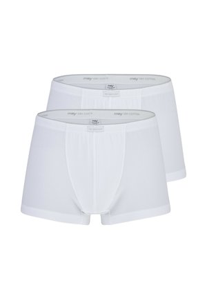 To par hvide herreboxershorts med elastiske linninger mærket "mey Dry Cotton" og frontpuch-detaljer.