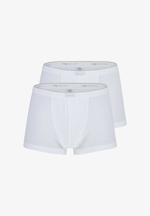 To par hvide herreboxershorts med elastiske linninger mærket "mey Dry Cotton" og frontpuch-detaljer.