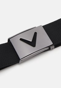 Black textile belt with a metallic silver buckle featuring a "V" shape cutout. The belt has a textured fabric surface.