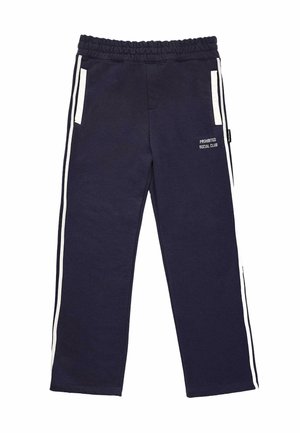 Navy blue sweatpants made of cotton, featuring elastic waistband, white side stripes, and "PROHIBITED SOCIAL CLUB" text on the left leg.