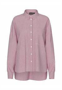 Camicia a righe rosse e bianche con colletto, maniche lunghe, chiusura con bottoni e taschino sul petto. Realizzata in tessuto leggero.