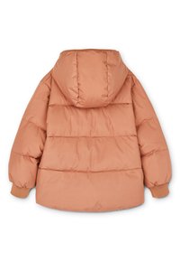 Puffer jacket in soft orange fabric with a hood, featuring a quilted design, elastic cuffs, and a straight cut. No visible hardware.