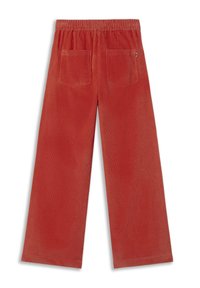 Pantaloni in corduroy rossi con un design a gamba larga, dotati di una cintura elastica e due tasche posteriori. Il tessuto presenta un motivo rigato e strutturato.