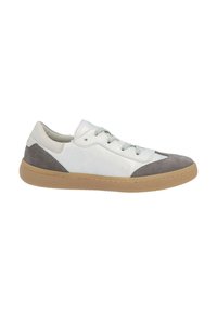 Low-top sneaker with white leather upper, gray suede toe and heel accents, beige collar, and gum rubber sole.