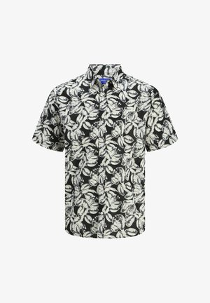 Lühikeste varrukatega must särk, millel on valge lehe muster, nööbid ees ja klassikaline krae. Valmistatud kergest kangast.